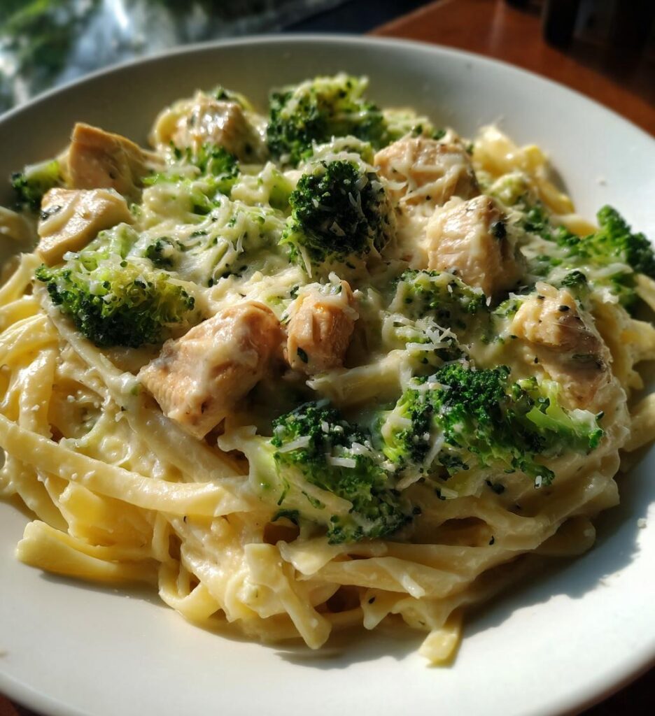 cheesy garlic chicken and broccoli pasta