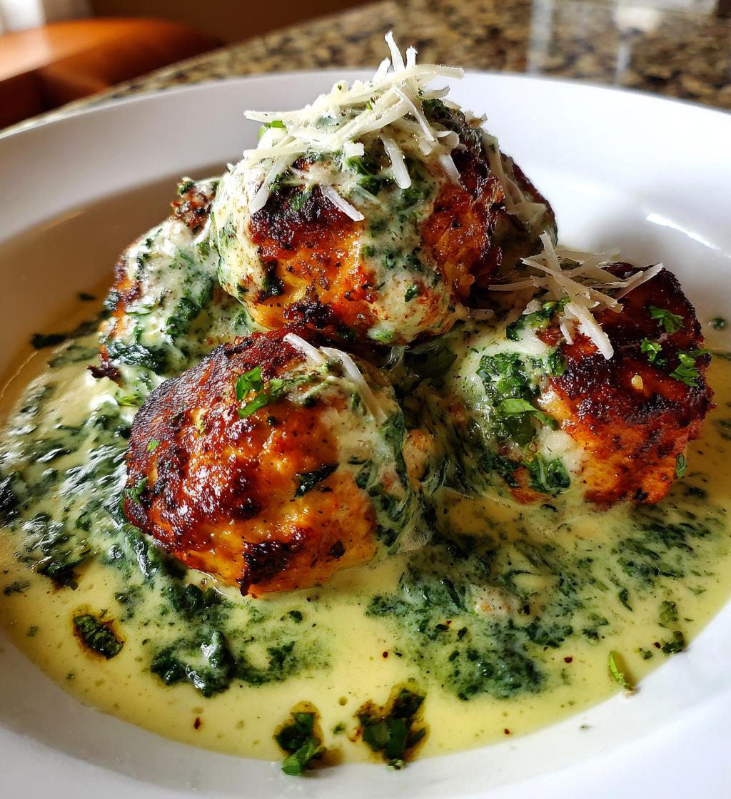 chicken ricotta meatballs with spinach alfredo sauce - detail 1