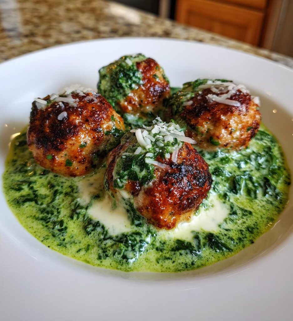 chicken ricotta meatballs with spinach alfredo sauce