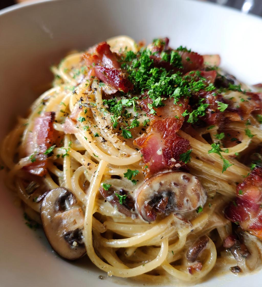 creamy bacon mushroom pasta - detail 1