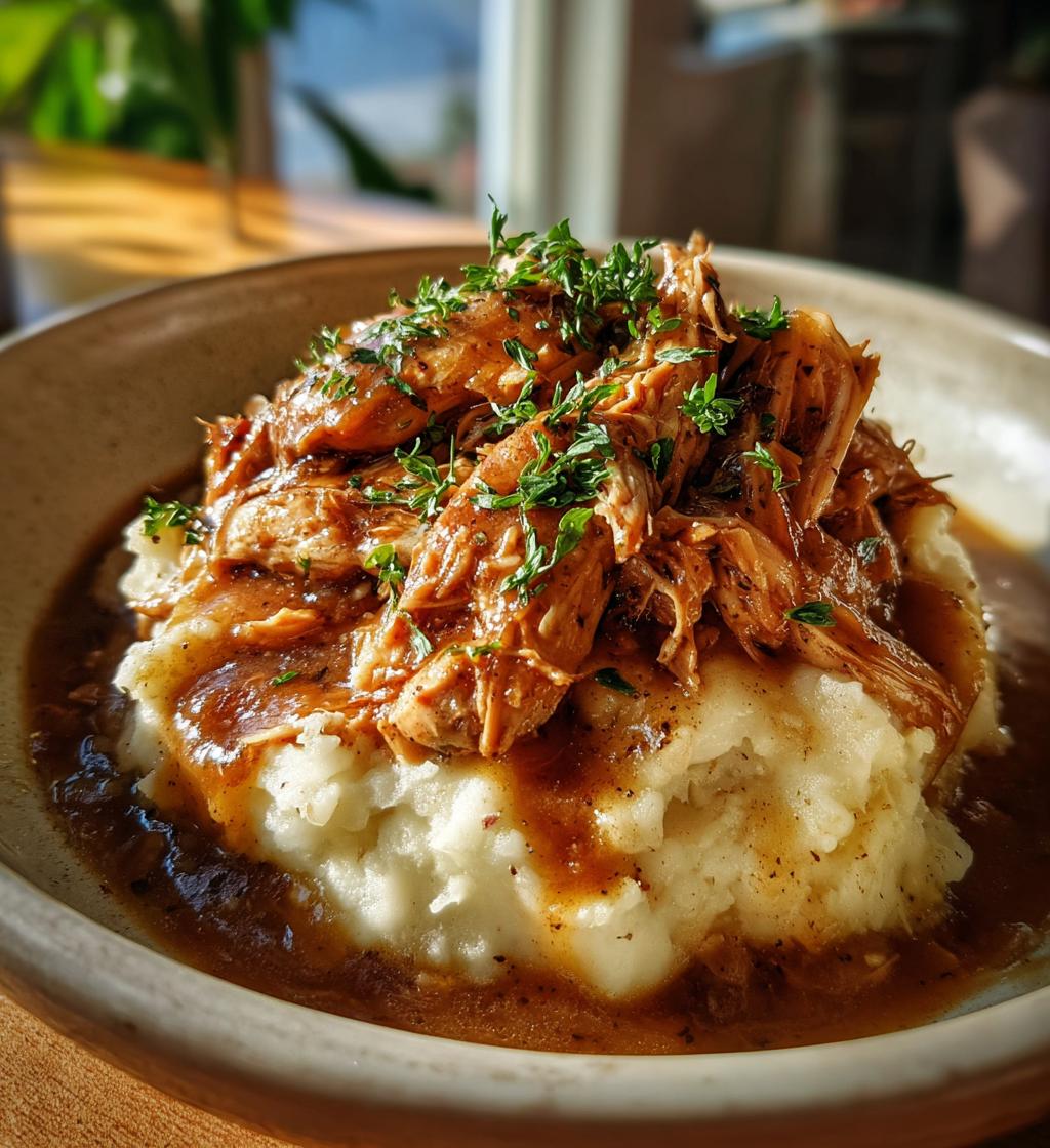 crockpot shredded chicken gravy over mashed potatoes - detail 1