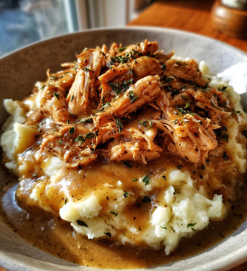 crockpot shredded chicken gravy over mashed potatoes