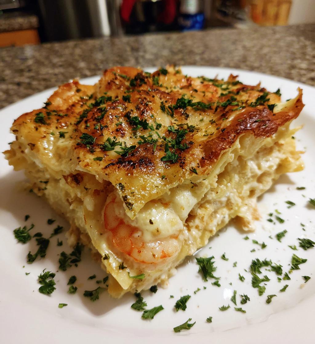 garlic butter shrimp scampi lasagna - detail 1