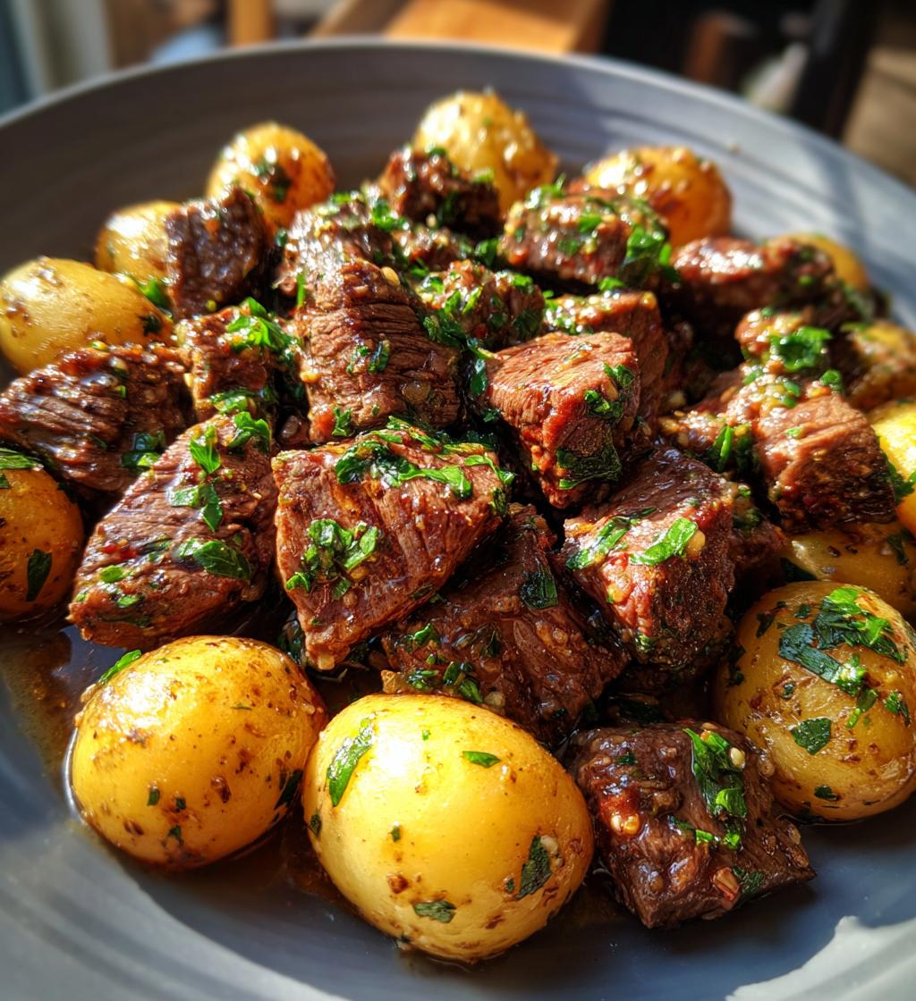 garlic butter steak bites and potatoes - detail 1