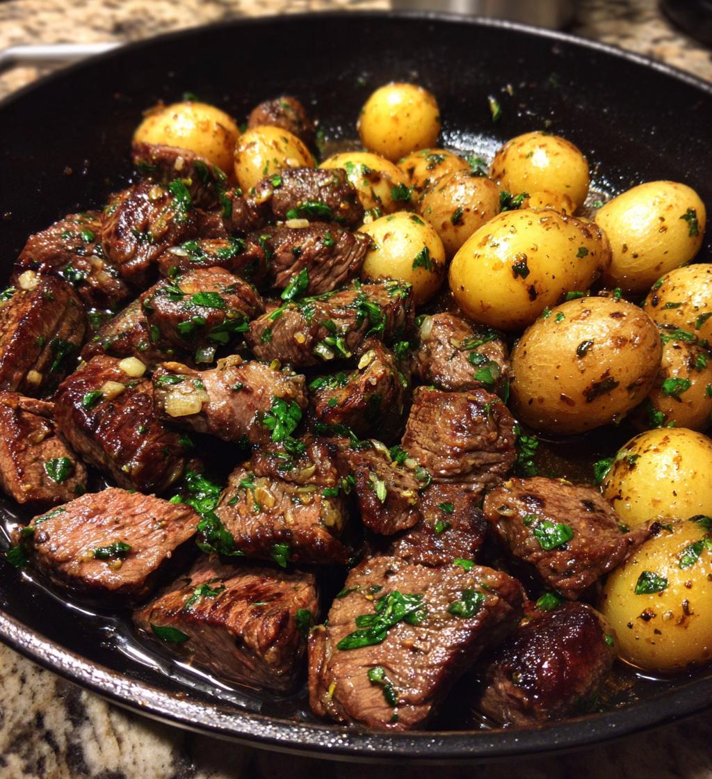 garlic butter steak bites and potatoes
