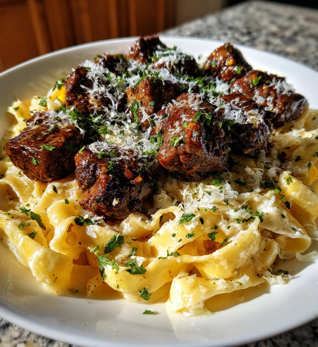 garlic butter steak bites with creamy parmesan pasta - detail 1