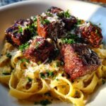 garlic butter steak bites with creamy parmesan pasta