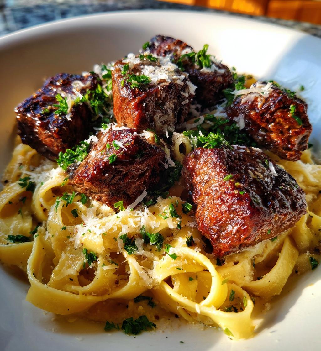 garlic butter steak bites with creamy parmesan pasta