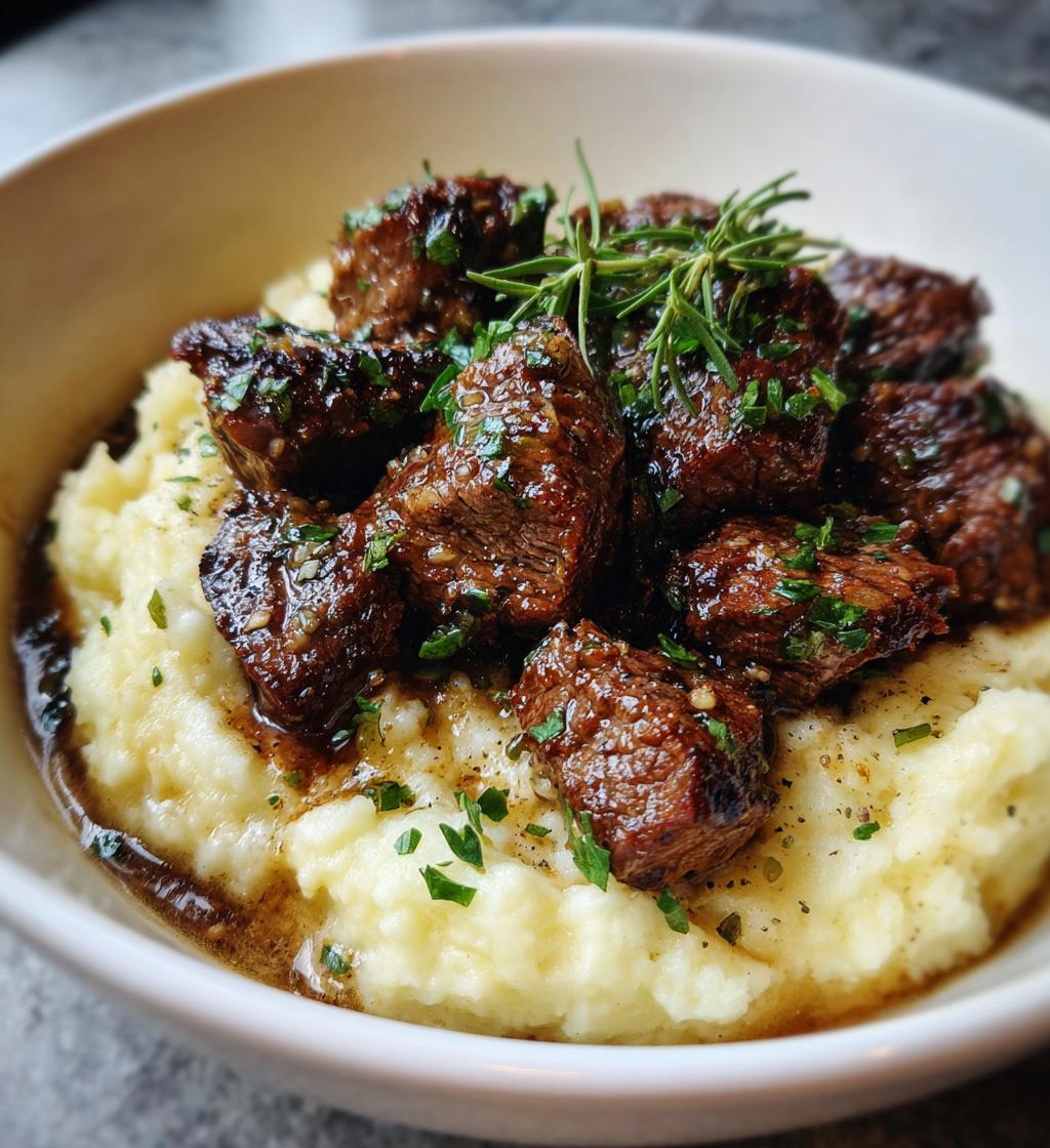 garlic butter steak bites with mashed potatoes - detail 1