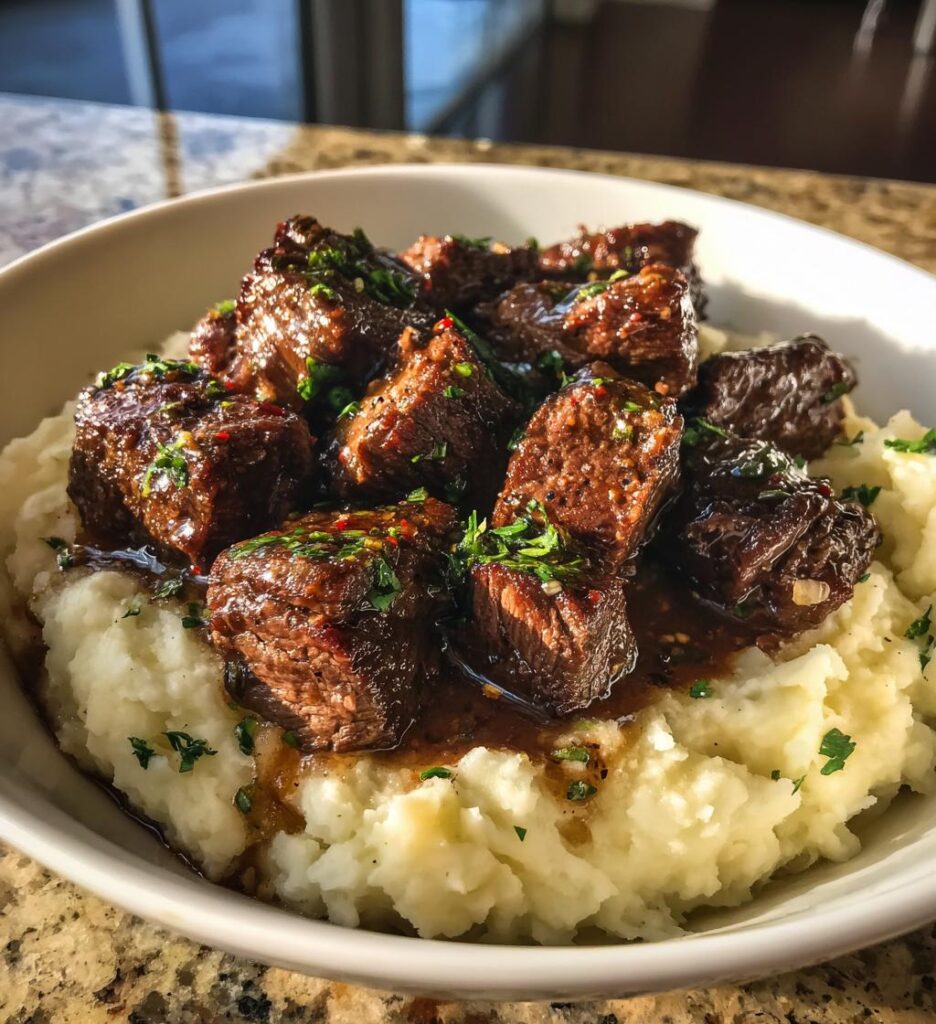 garlic butter steak bites with mashed potatoes