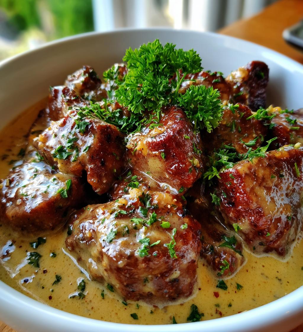 garlic butter steak bites with parmesan cream sauce - detail 1