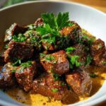 garlic butter steak bites with parmesan cream sauce