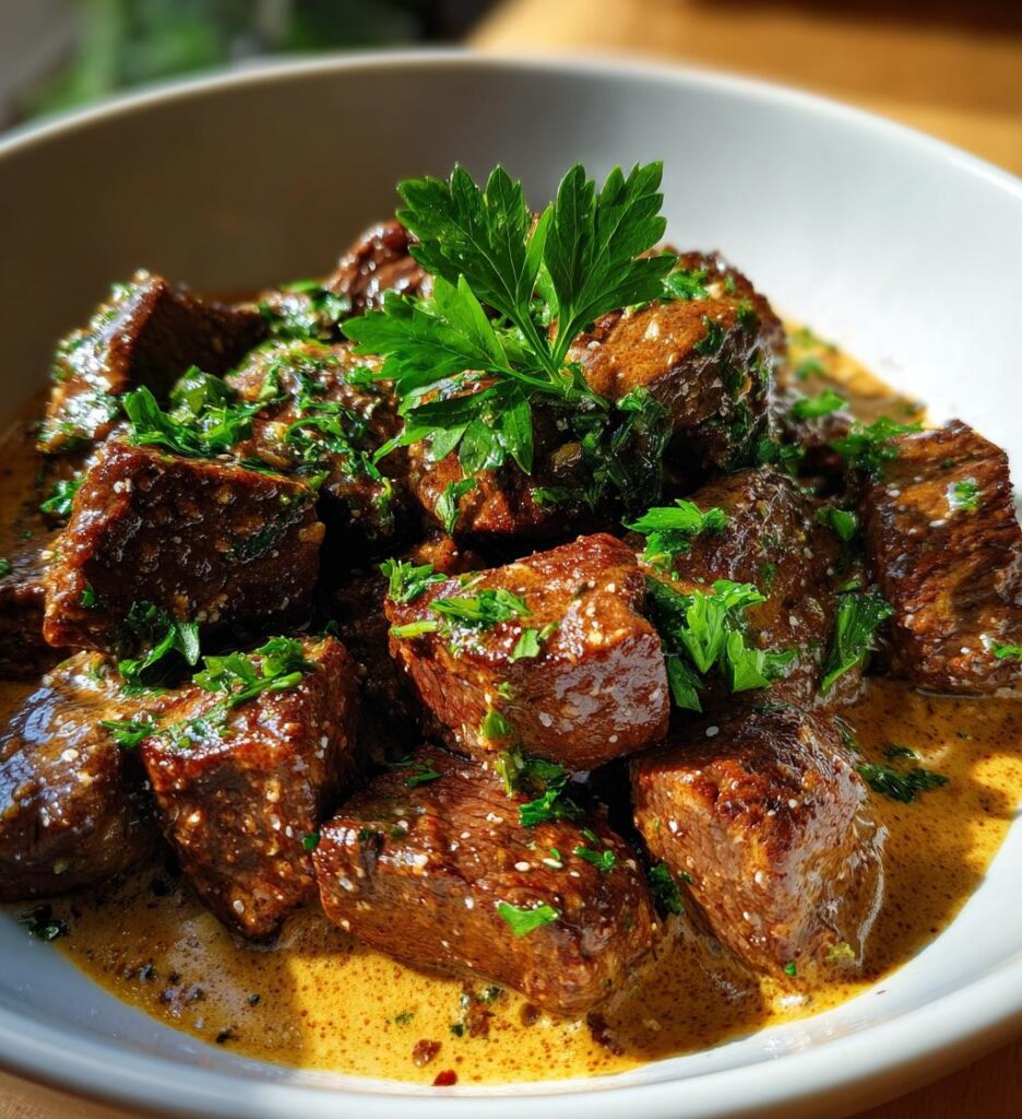 garlic butter steak bites with parmesan cream sauce