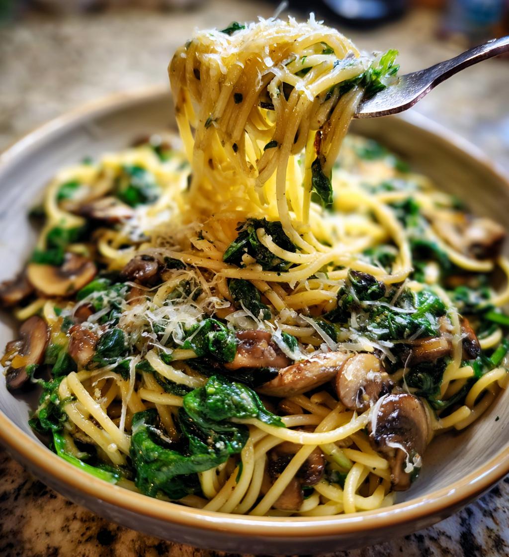 garlic parmesan pasta with spinach and mushrooms - detail 1