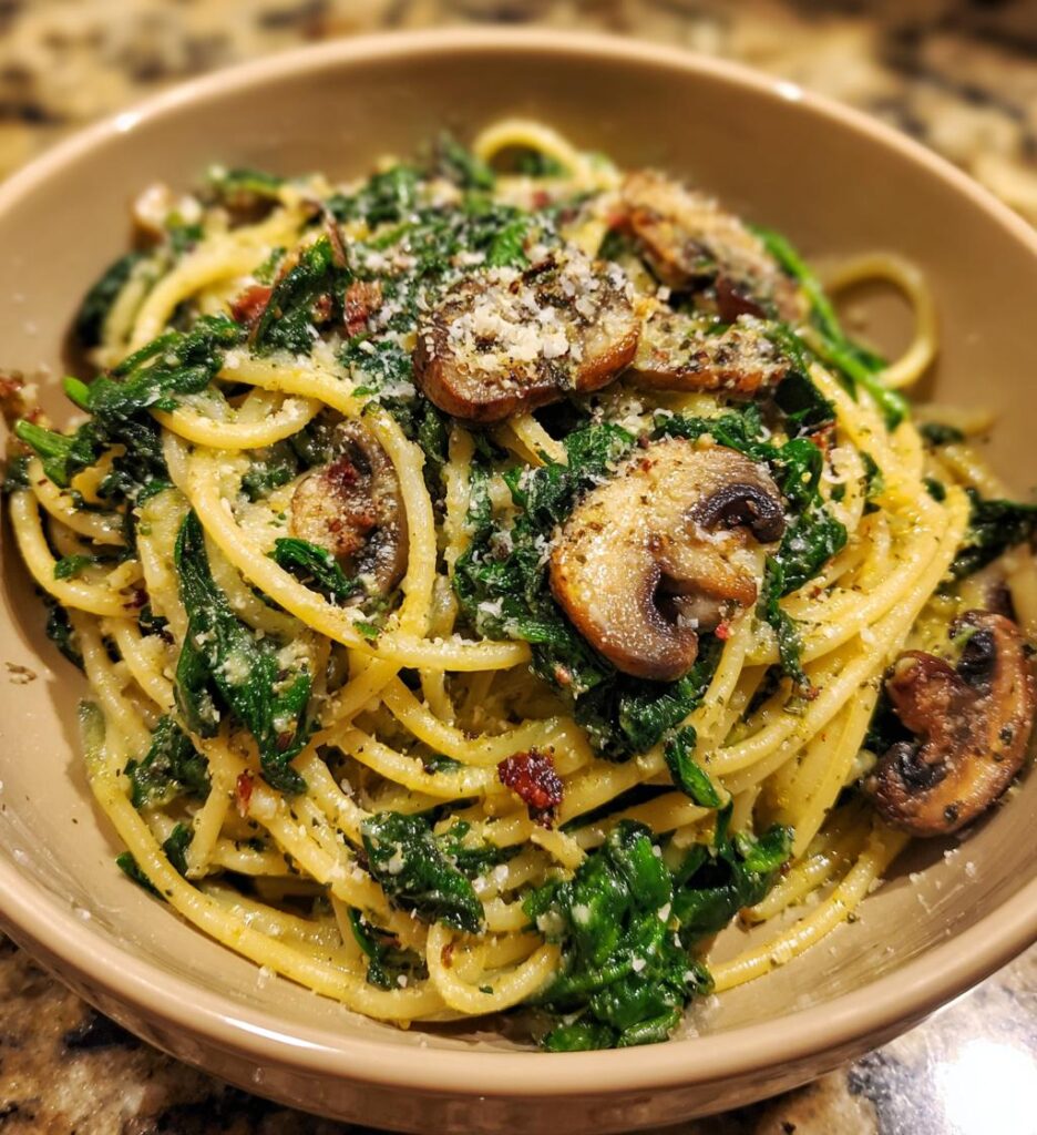 garlic parmesan pasta with spinach and mushrooms
