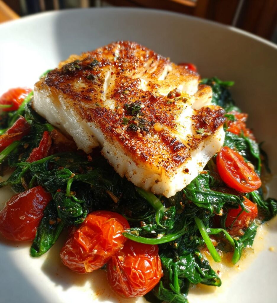 grilled cod with spinach and tomatoes