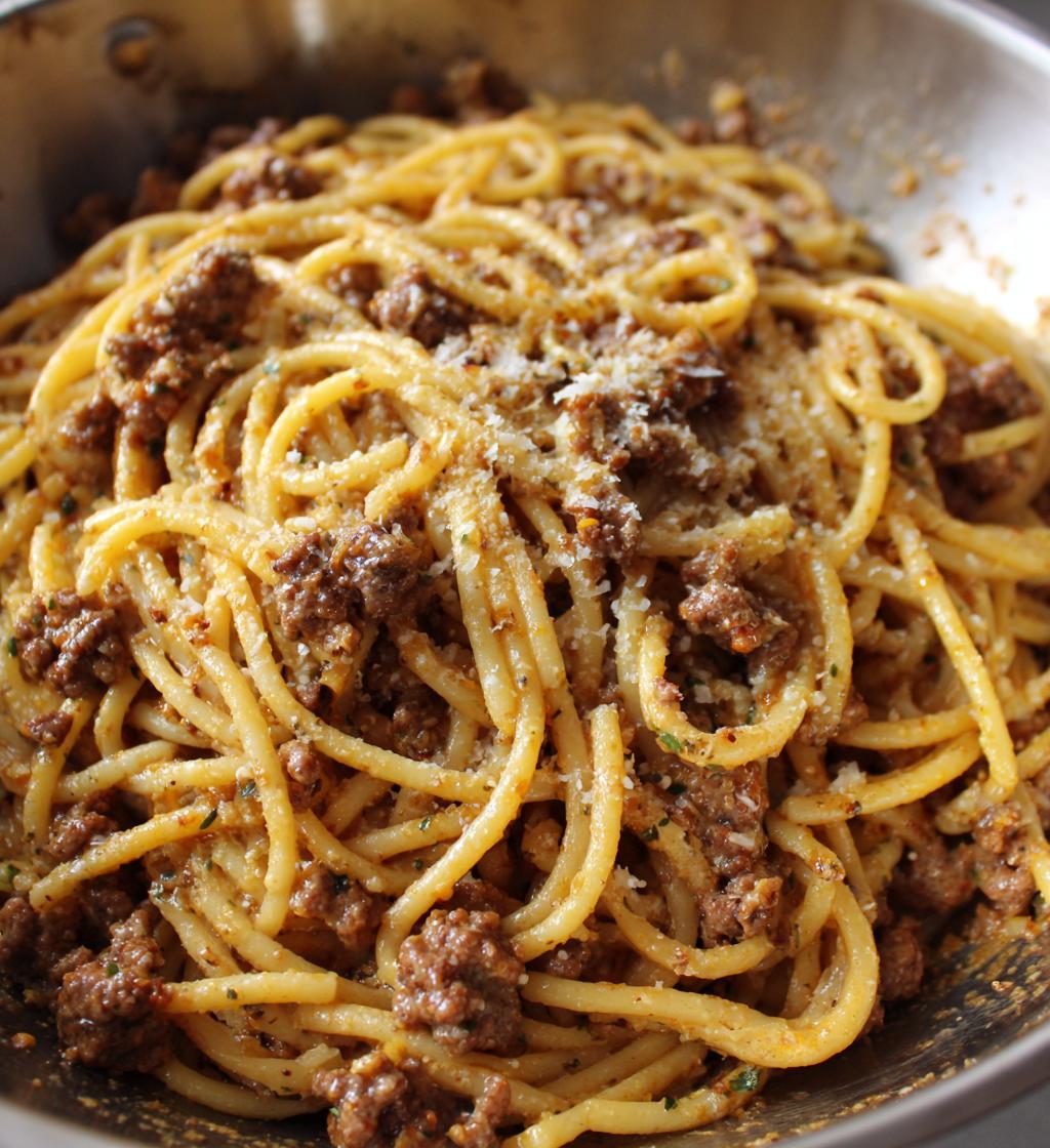 one pot creamy beef and garlic butter pasta - detail 1