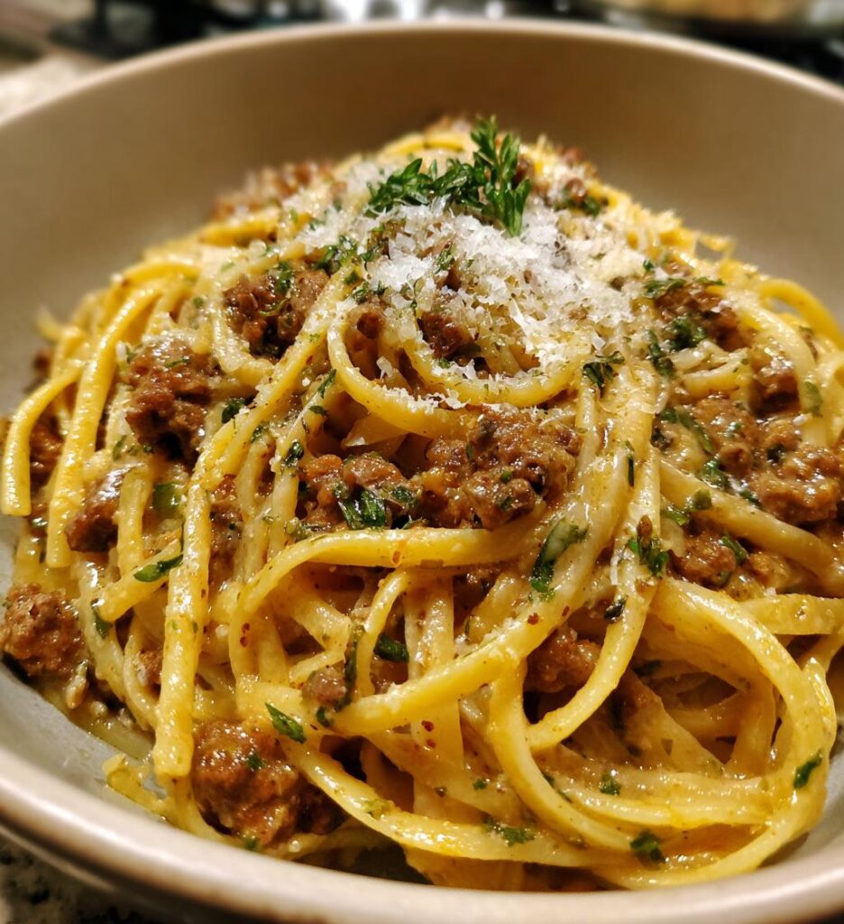 one pot creamy beef and garlic butter pasta