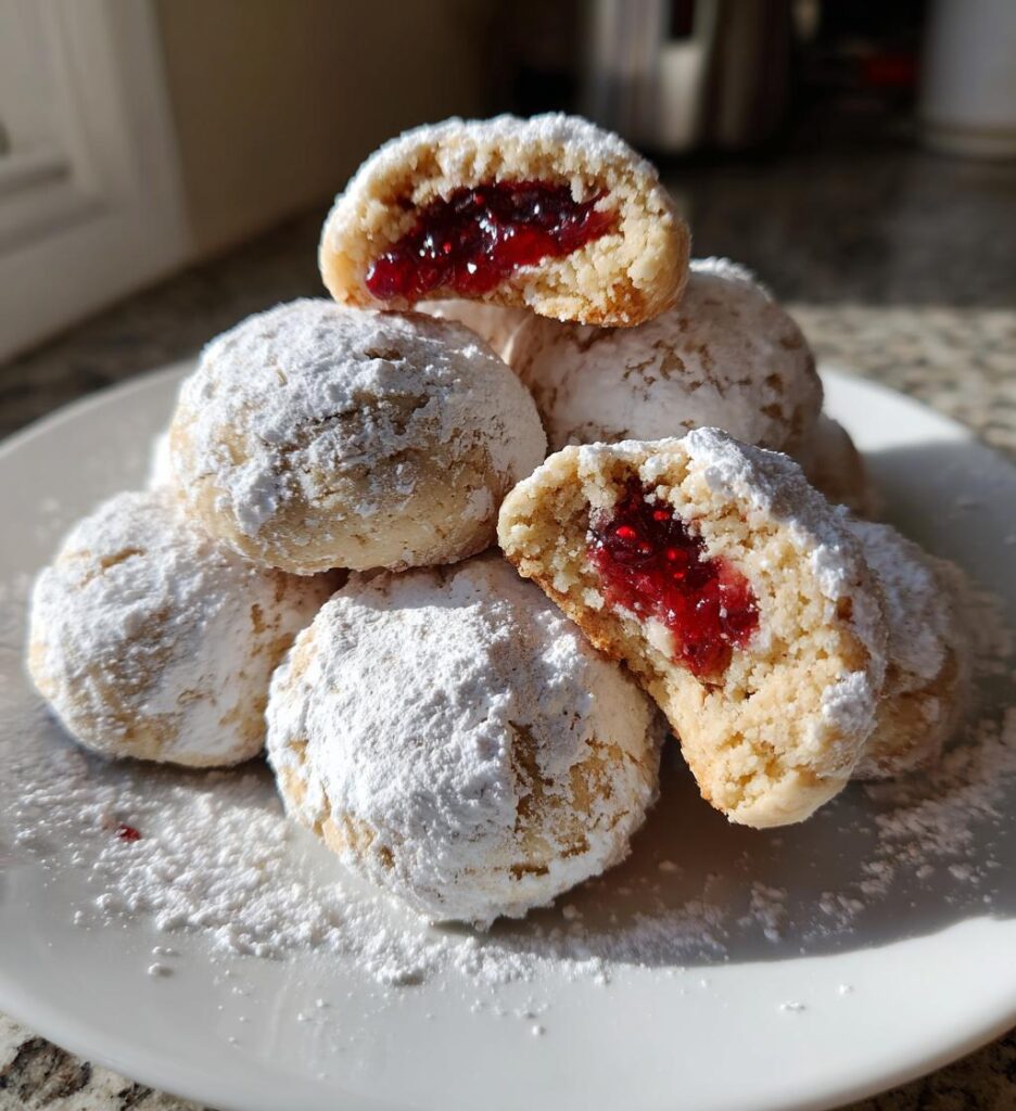 raspberry filled almond snowball cookies
