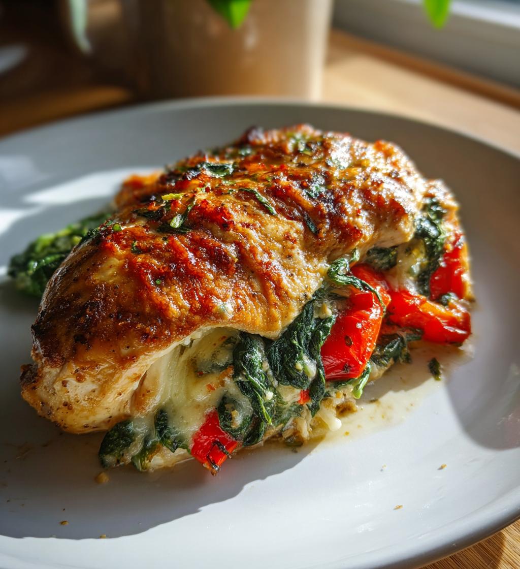 roasted red pepper spinach and mozzarella stuffed chicken - detail 1