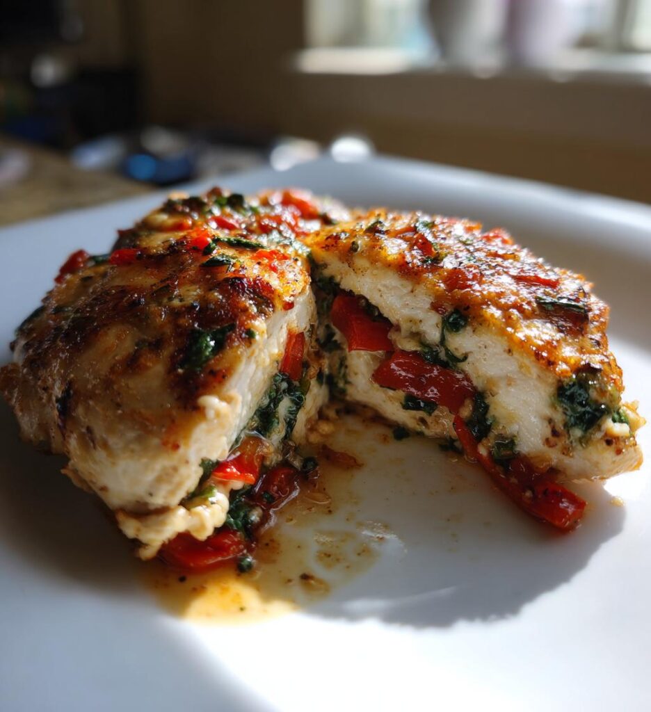 roasted red pepper spinach and mozzarella stuffed chicken