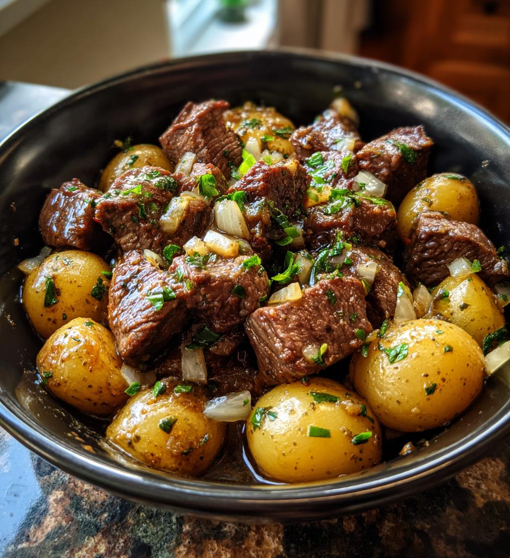 slow cooker garlic butter beef bites potatoes - detail 1