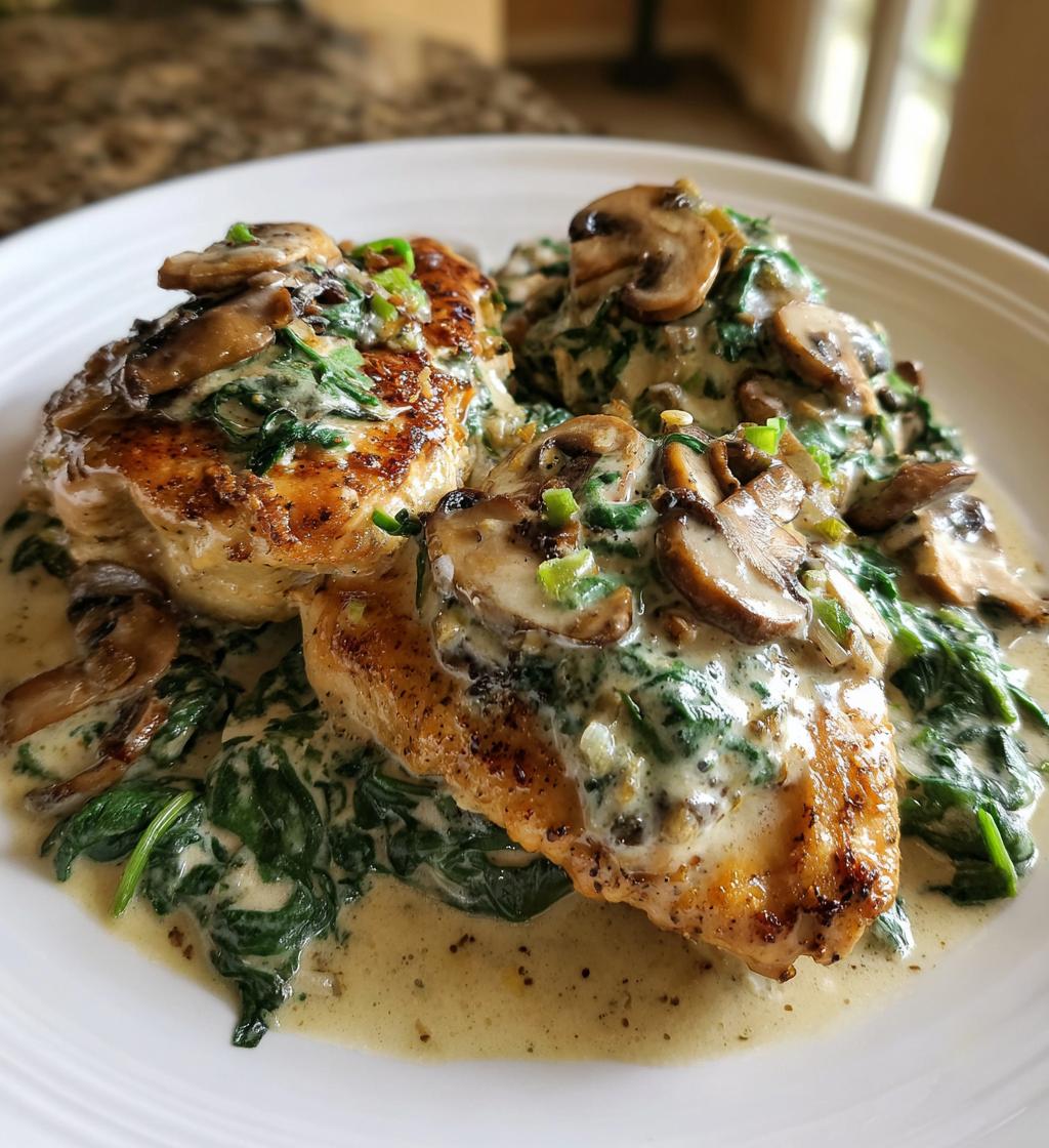 smothered chicken with creamed spinach beef and mushrooms - detail 1