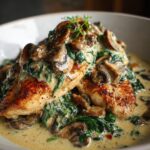 smothered chicken with creamed spinach beef and mushrooms