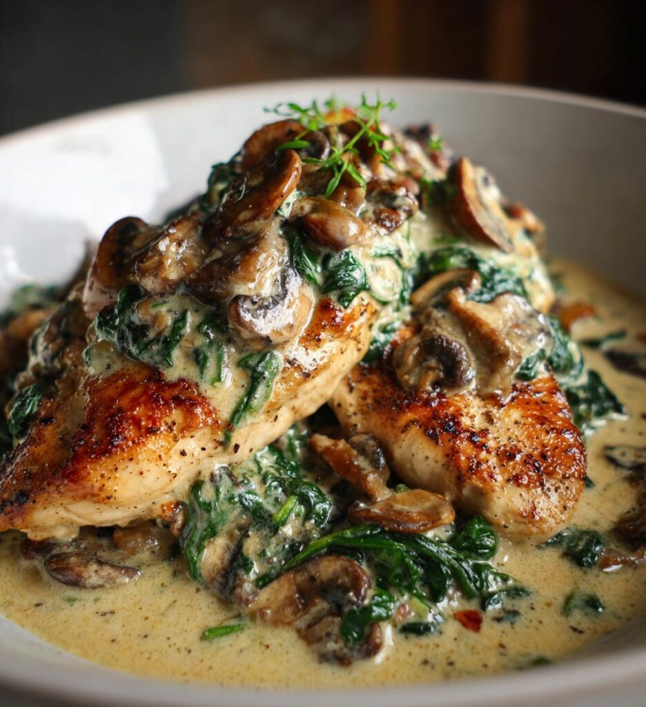 smothered chicken with creamed spinach beef and mushrooms