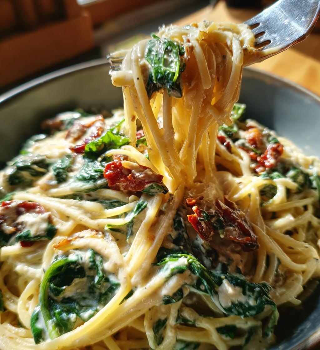 spaghetti spinach with sun dried tomato cream sauce - detail 1