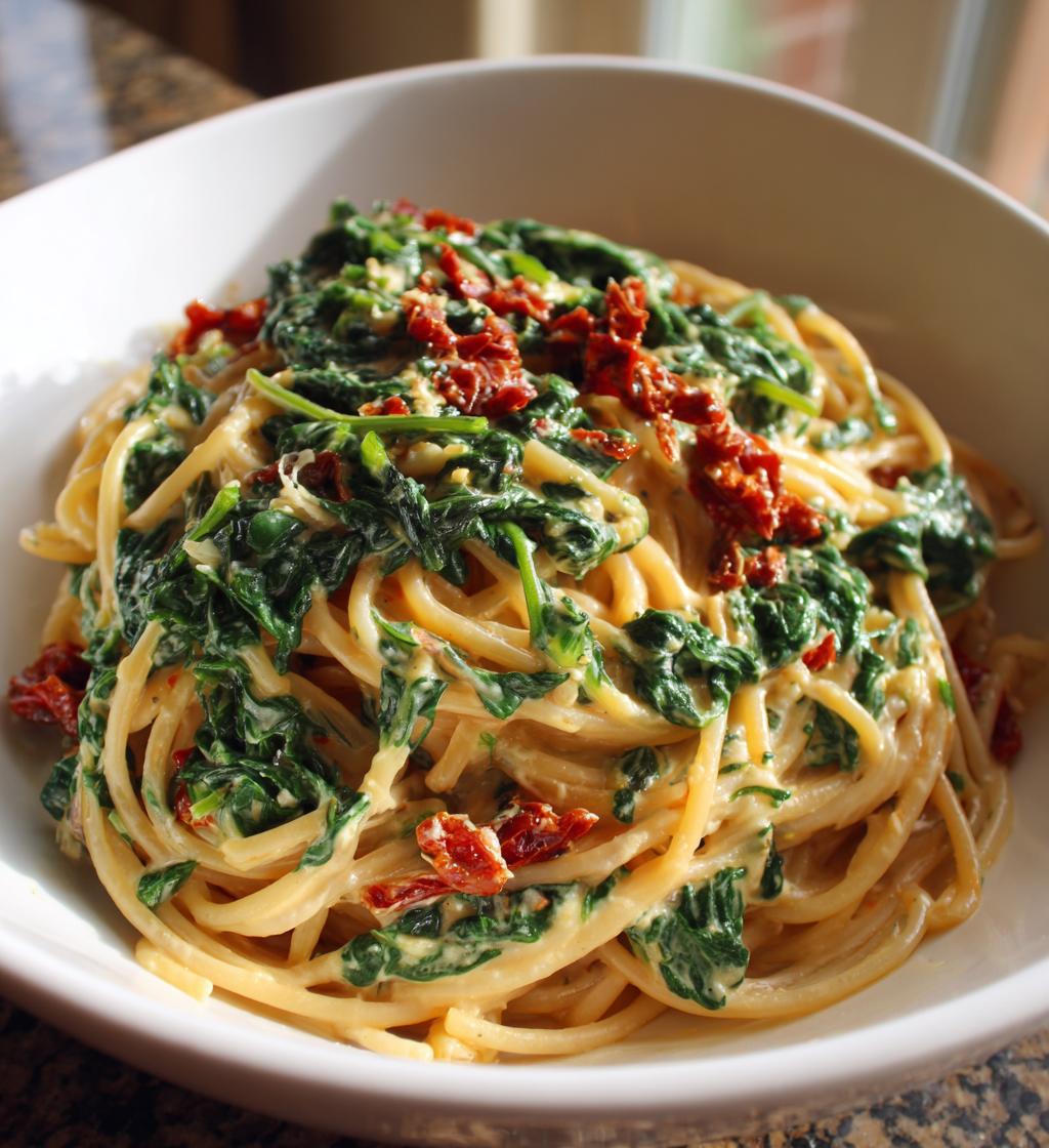 spaghetti spinach with sun dried tomato cream sauce - detail 1
