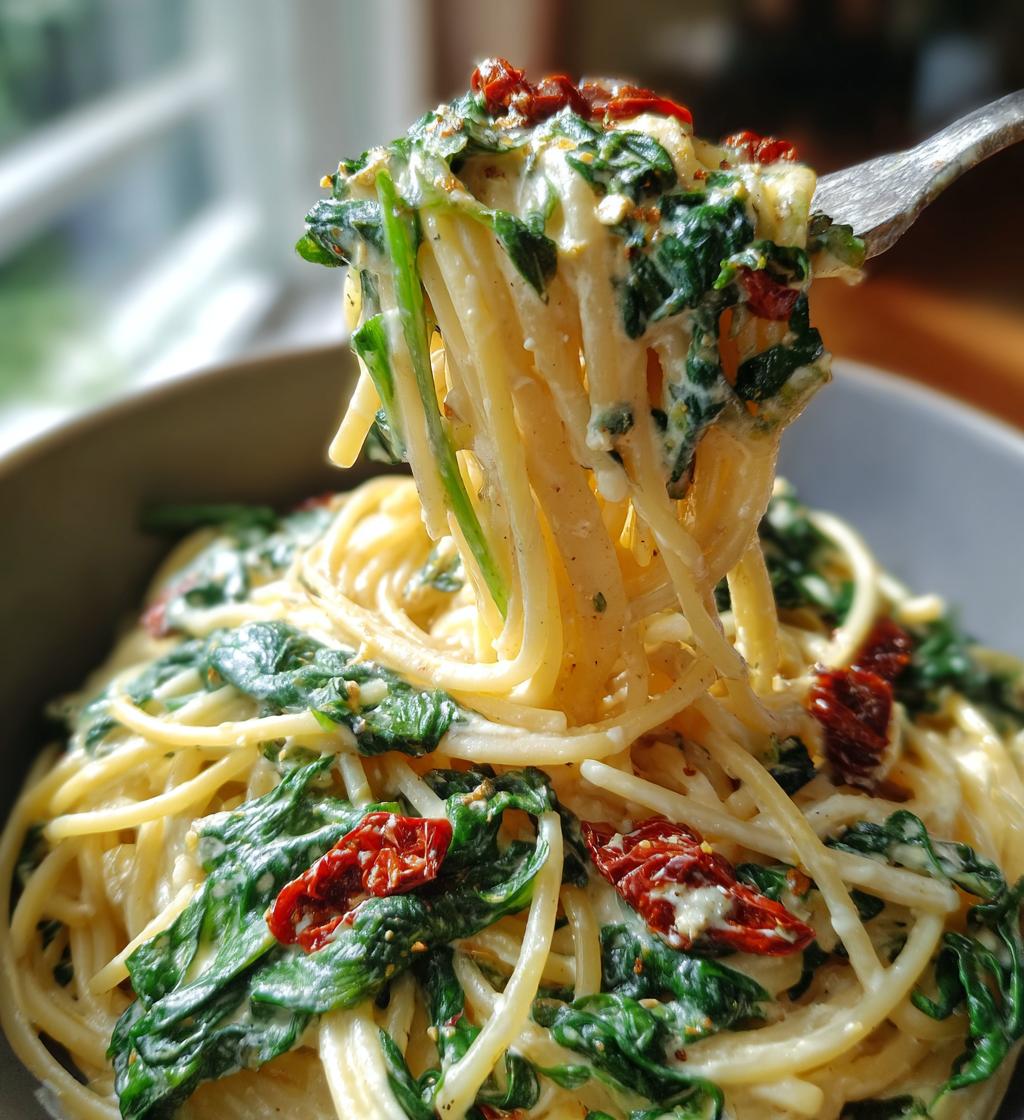 spaghetti spinach with sun dried tomato cream sauce