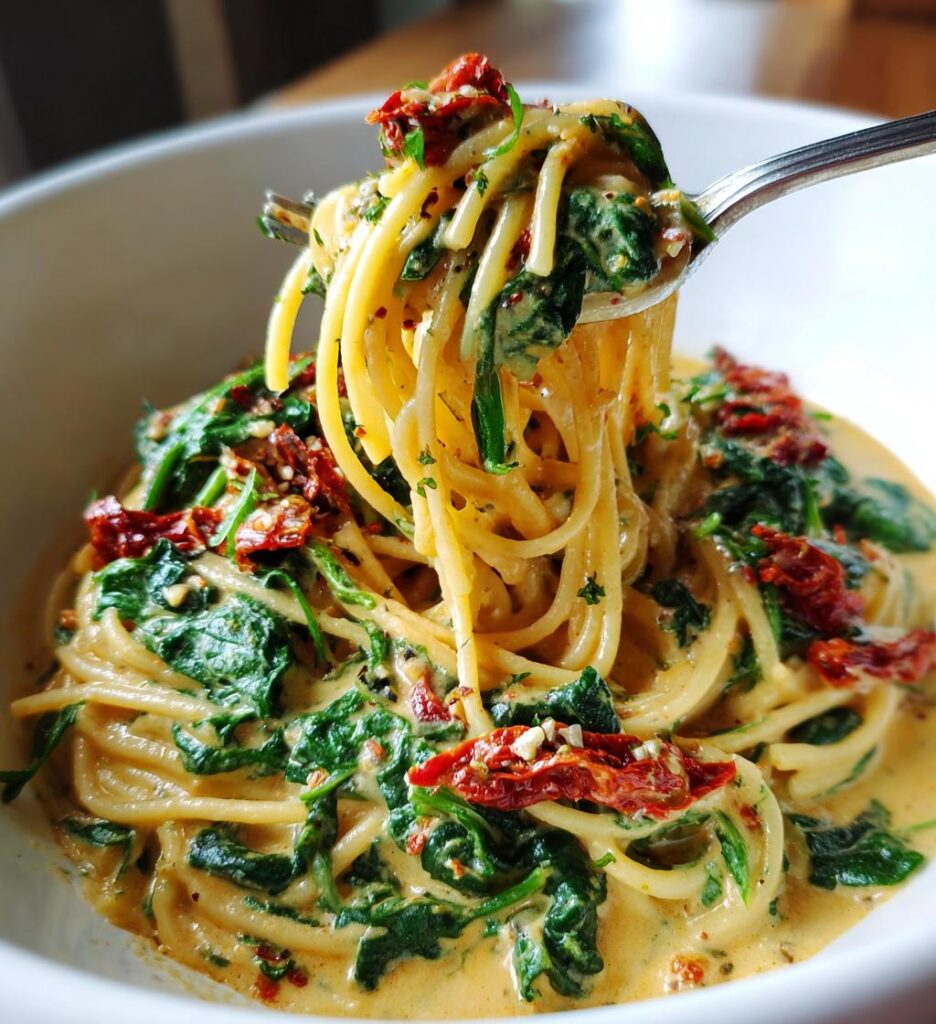 spaghetti spinach with sun dried tomato cream sauce