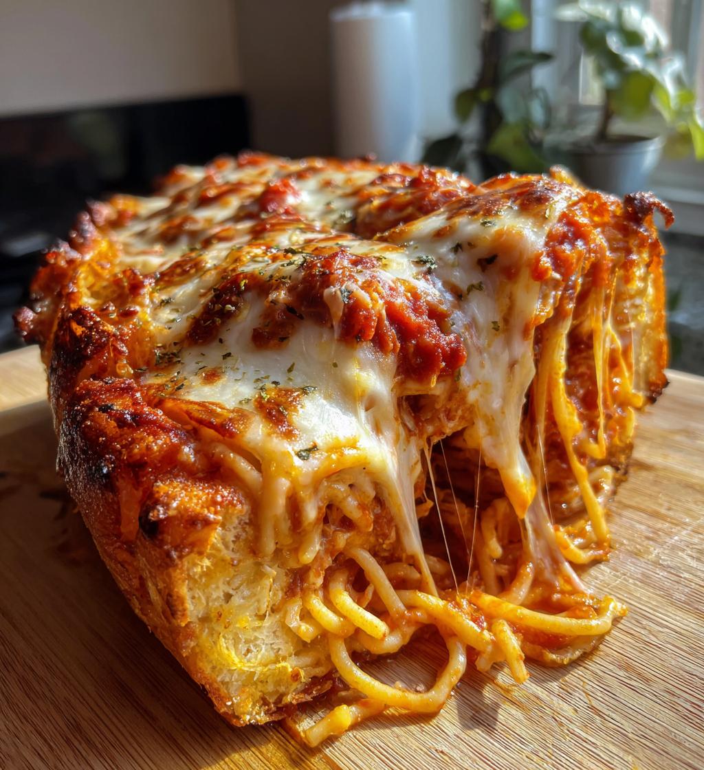 spaghetti stuffed garlic bread - detail 1