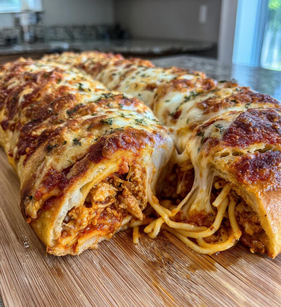 spaghetti stuffed garlic bread