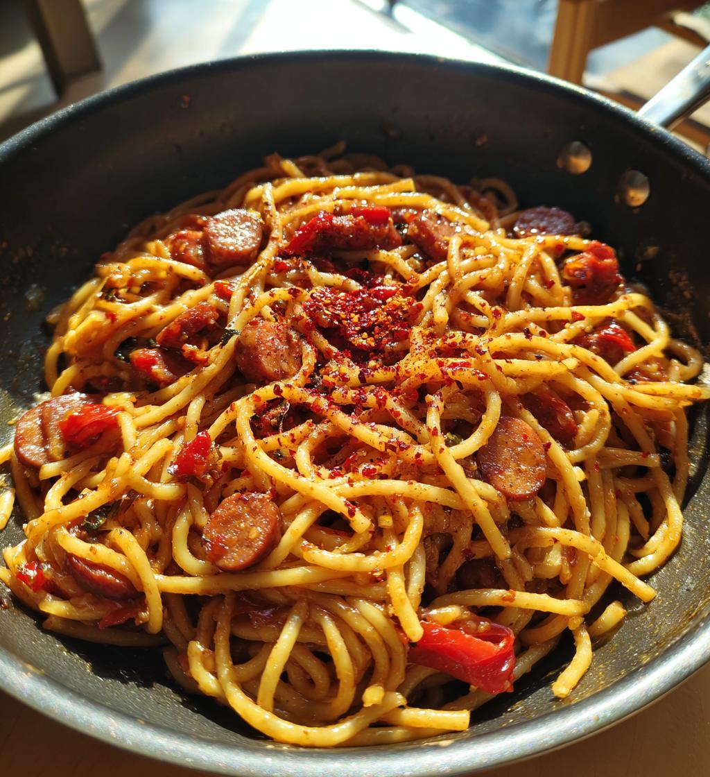 sticky honey garlic sausage pasta skillet - detail 1