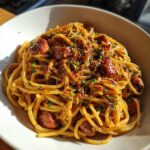 sticky honey garlic sausage pasta skillet