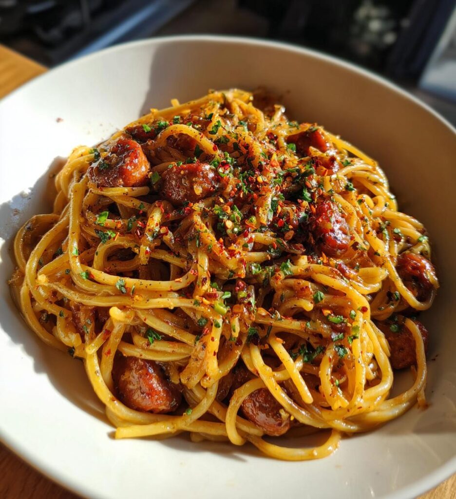 sticky honey garlic sausage pasta skillet