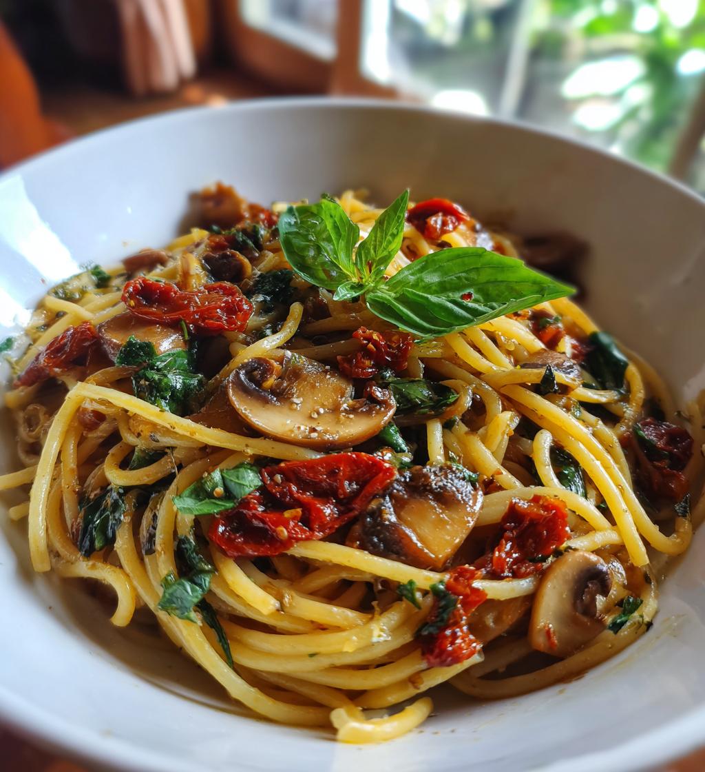 sun dried tomato and mushroom pasta in garlic and basil sauce - detail 1