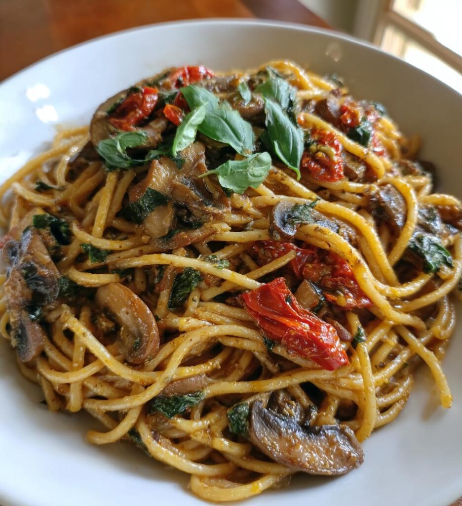 sun dried tomato and mushroom pasta in garlic and basil sauce