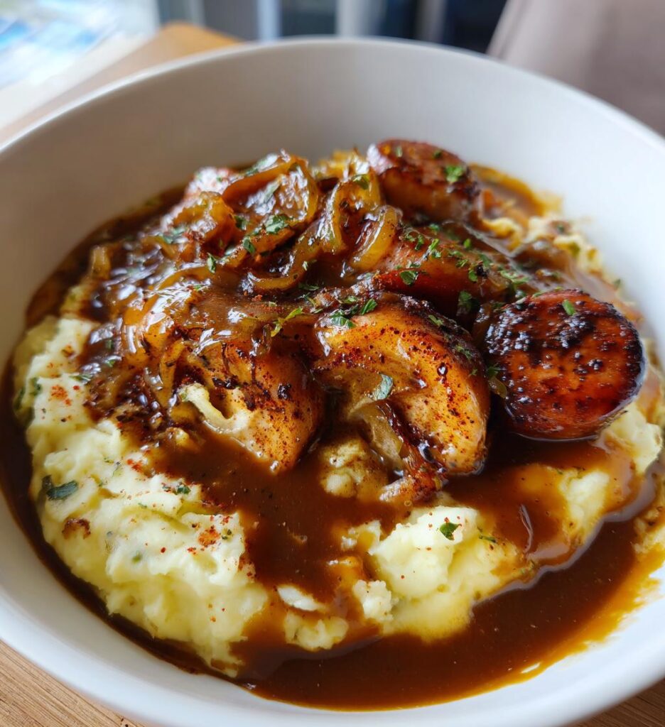 true bangers and mash with onion gravy