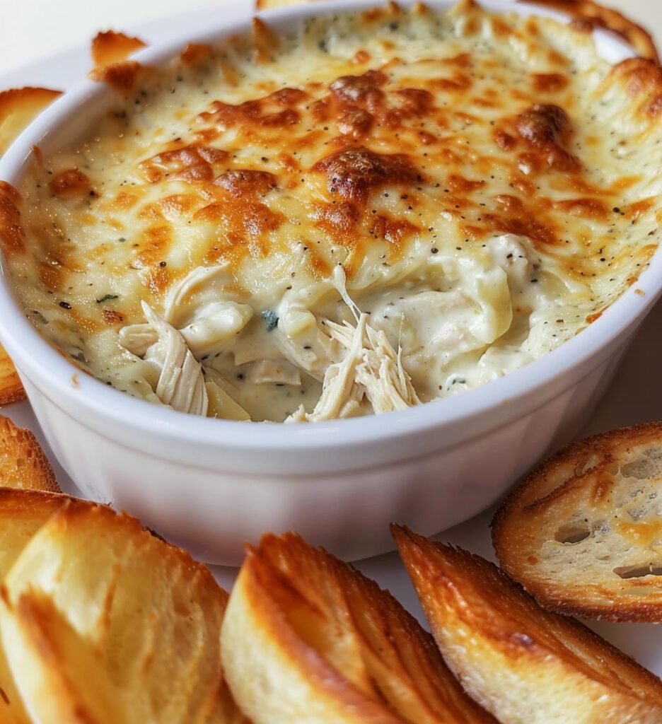 Chicken Alfredo Dip with Garlic Bread Chips
