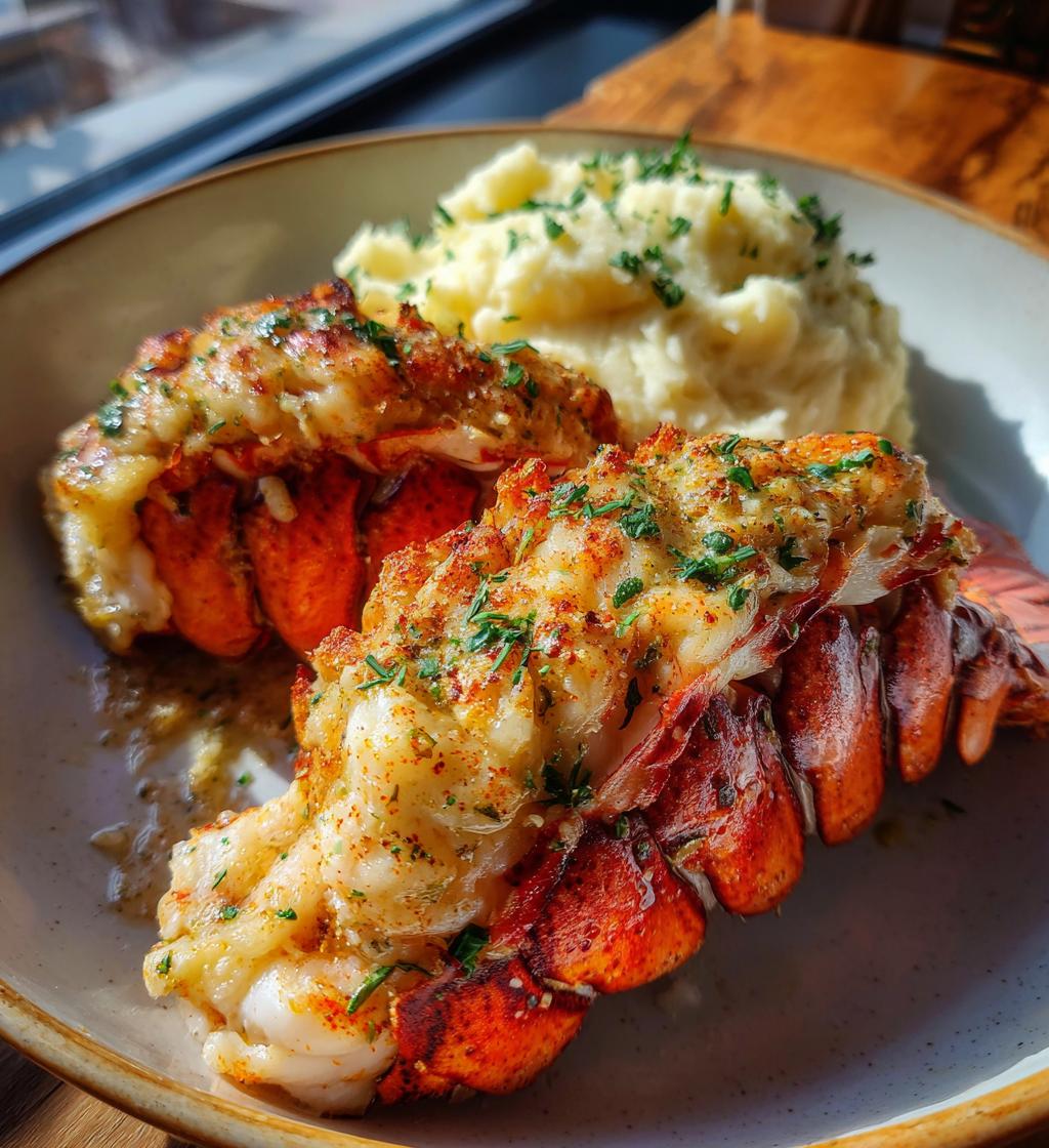 baked lobster tails with garlic herb butter sauce and mashed potatoes - detail 1
