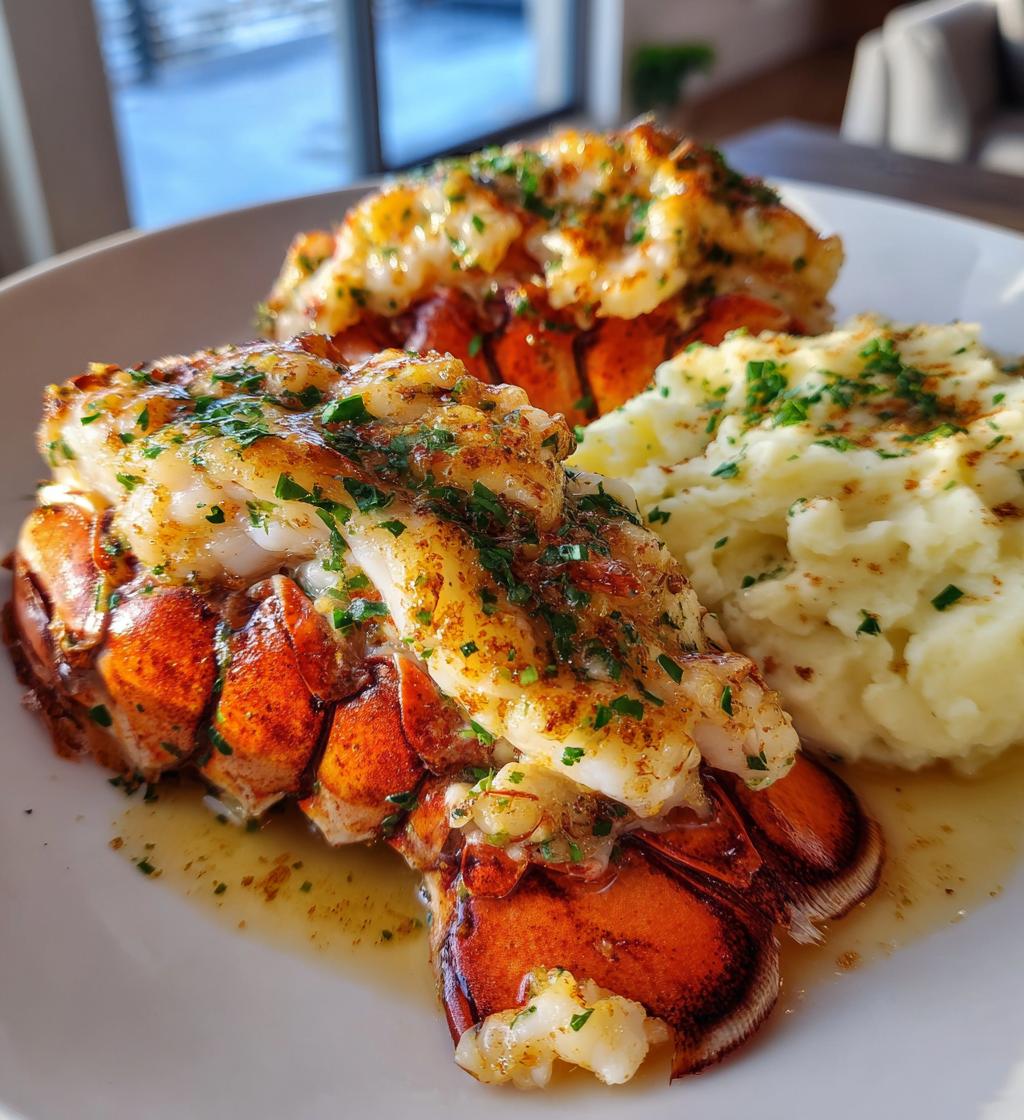 baked lobster tails with garlic herb butter sauce and mashed potatoes
