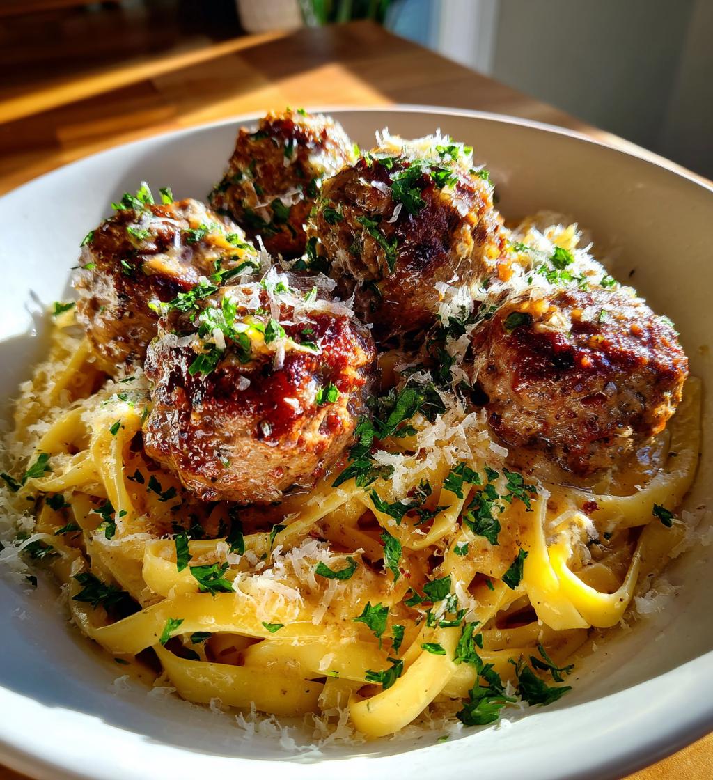 easy garlic butter meatballs served over creamy parmesan linguine - detail 1