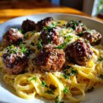 easy garlic butter meatballs served over creamy parmesan linguine