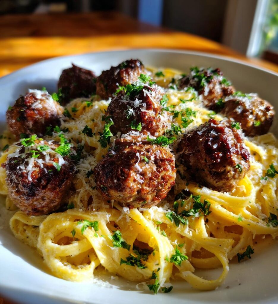 easy garlic butter meatballs served over creamy parmesan linguine
