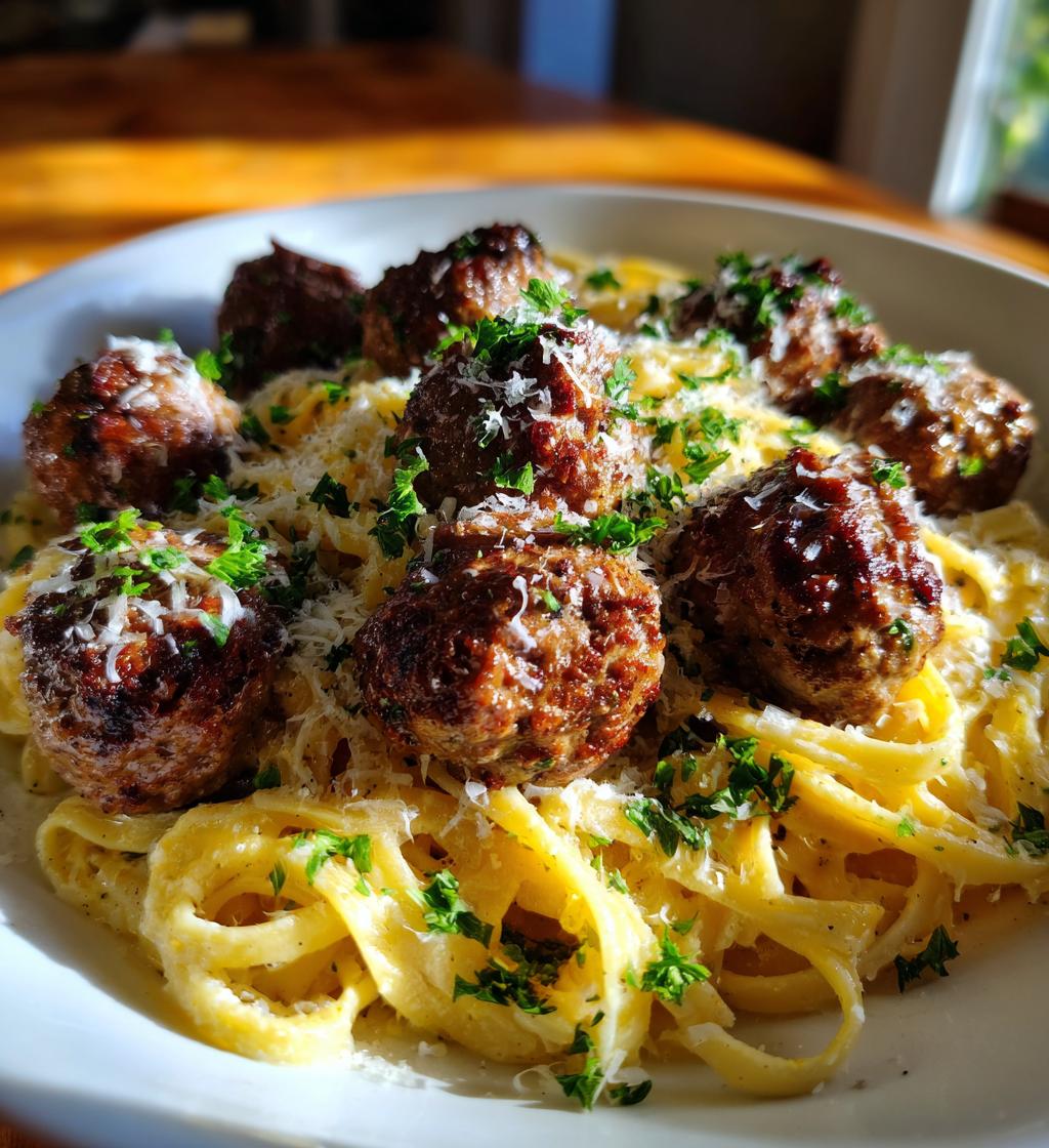 easy garlic butter meatballs served over creamy parmesan linguine