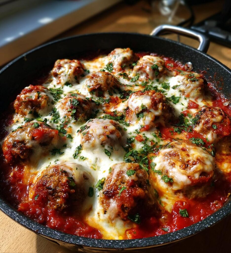 keto diet friendly meatball casserole with cheese and sauce