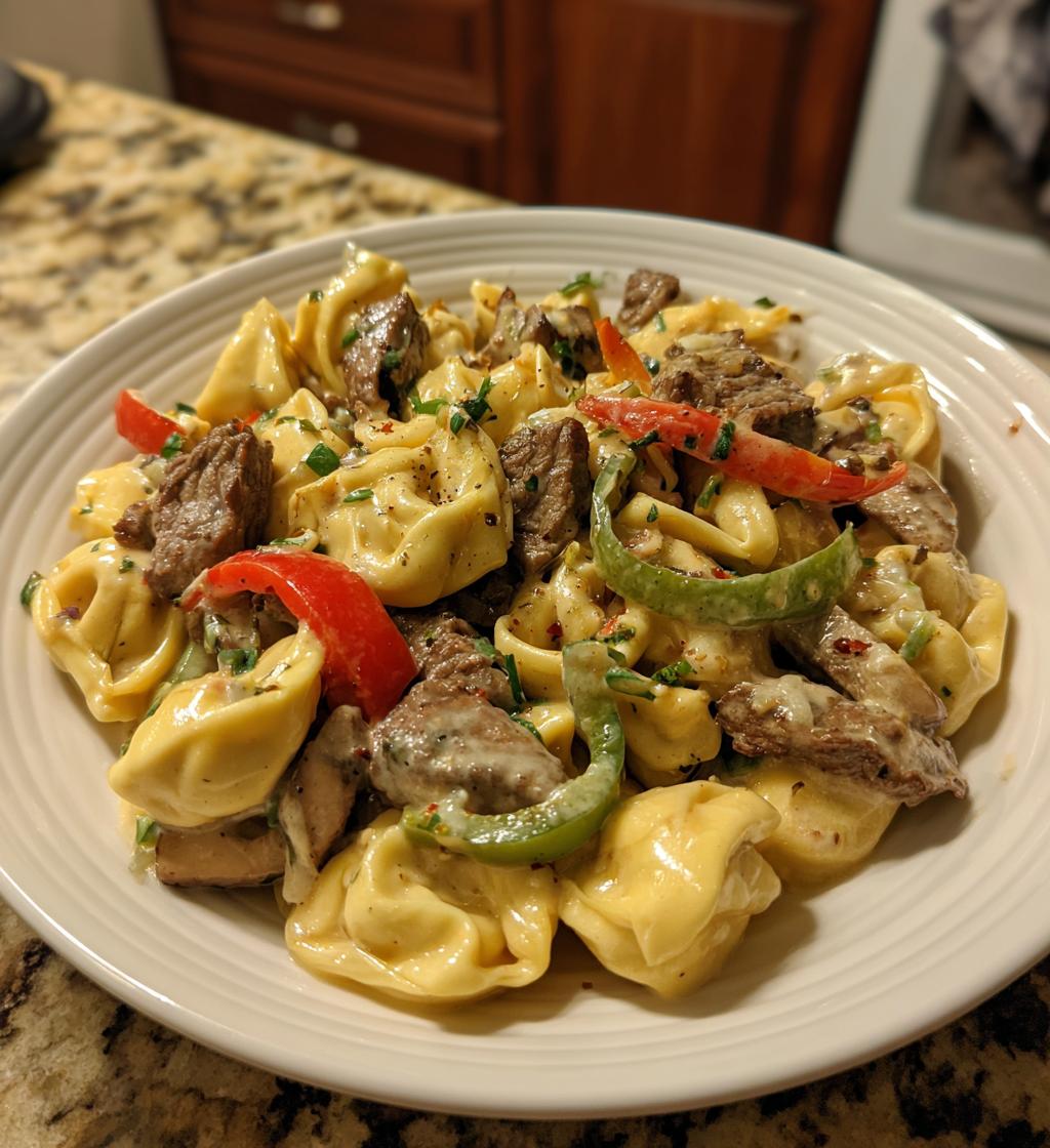 one pot cheesesteak tortellini with provolone sauce - detail 1
